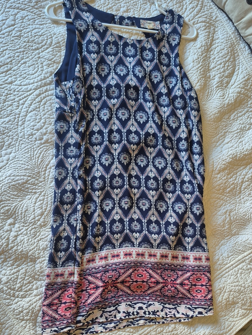 Women’s Navy Patterned A-Line Skirt with Pink Border
